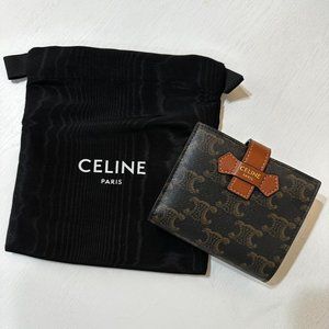 Celine Small Strap Wallet In Triomphe Canvas Tan Lambskin